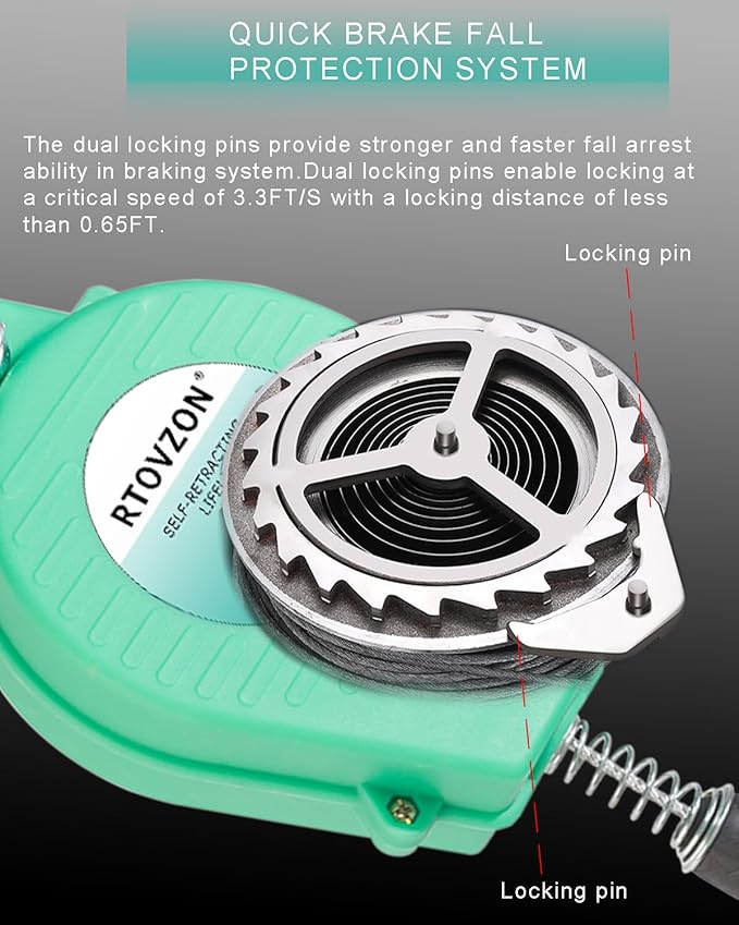 23FT Self Retracting Lifeline RTOVZON Fall Arrest Fall Protection Steel Wire Rope Heavy Duty Retractable Lanyard, Roofing Lifeline, SRL, Safety Lanyard