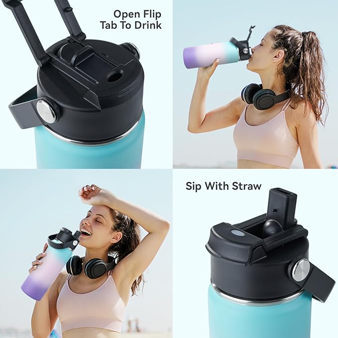 Kerilyn Stainless Steel Insulated Water Bottle, 24oz Double Wall Vacuum Insulated Water Bottle Leak Proof with Silicone Straw, Wide Mouth Lid, BPA Free, Keep Cold and Hot, 24oz, Pink Gradient