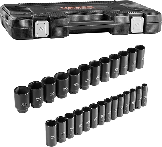 VEVOR Impact Socket Set, 26pcs x 1/2inch Metric 10mm-36mm Impact Sockets, 6-Point Deep Socket Rugged Construction High-torque, Cr-V 1/2 Inches Drive Socket Set Impact with a Storage Cage
