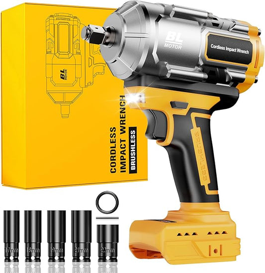 Cordless Impact Wrench 1/2 Inch for De-Walt 20V Battery, 1200N.m High Torque Brushless Electric Impact Gun, 3-Speed, 5 Sockets, Power Impact Driver for Car Tires, Auto Repair(No Battery)