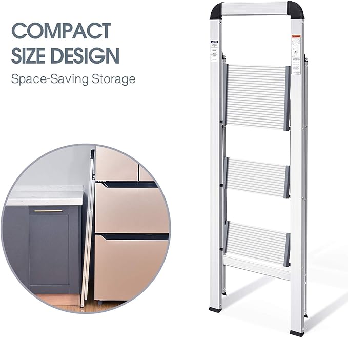 KINGRACK Aluminium 3 Step Ladder, Lightweight Step Stool with Non-Slip Pedals, Handrail, 330 LBS Foldable Step Ladder for Kitchen, Garage, Home, Space Saving, Sturdy and Portable, Silver