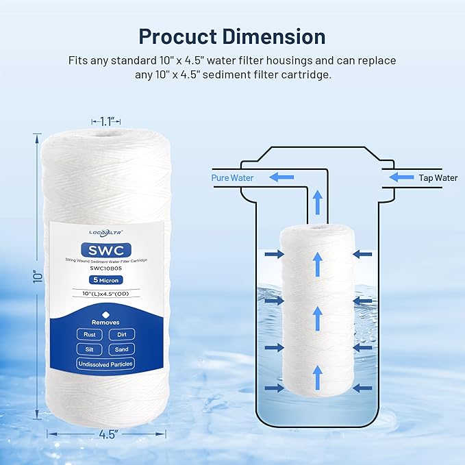 Whole House Water Filter Cartridge Replacement for Well Water, 5 Micron Water Filter 10" x 4.5" String Wound Sediment Water Filter Compatible with PSE1800, PC40, SWC-45-1005, WP5BB97P - 3 Pack
