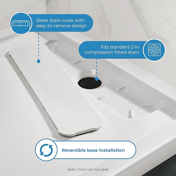 OVE Decors 54-in W x 32-in D Shower Base Pan Rectangle, Hidden Side Drain, White Acrylic, Reversible Design