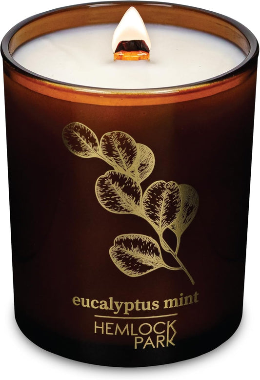 Hemlock Park Wood Wick Candle Handcrafted with Natural Coconut Wax and Essential Oils (Amber & Gold 7.2 oz, Eucalyptus Mint)