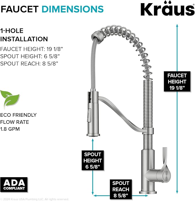 KRAUS Torak Pull Down Kitchen Faucet in Spot-Free Stainless Steel with Commercial Style Spring Spout, 2 Function Sprayer, Pre-Attached Water Lines, and Mounting Hardware, KPF-2635SFS