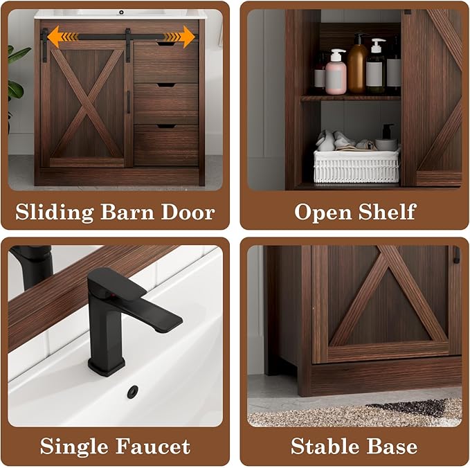36 Inch Bathroom Vanity with Sink & Faucet & Mirror, Farmhouse Bathroom Vanity Cabinet Set with Sliding Barn Door & Drawers, Small Single Bath Storage Vanity Sink, Brown