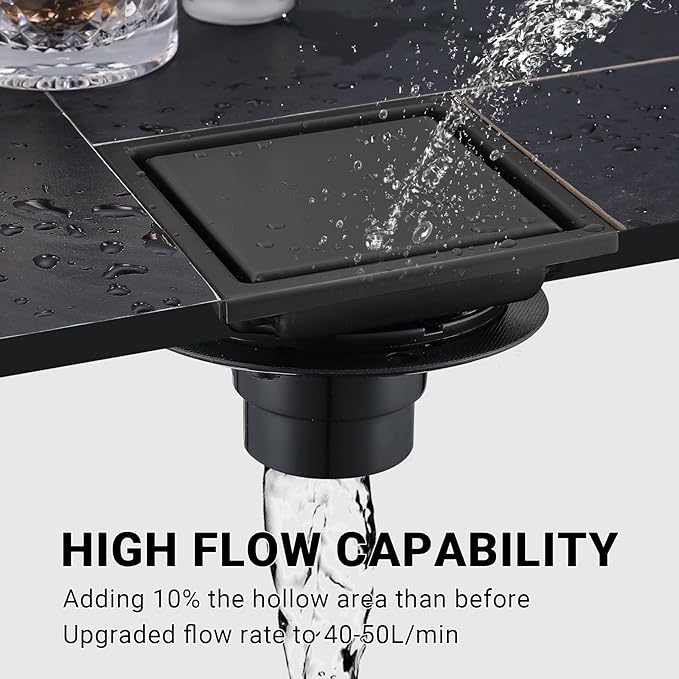 4 Inch Shower Floor Drain, SUS304 Stainless Steel Square Bathroom Floor Drain with Flange Reversible 2-in-1 Cover Insert Tiles for Filtering, Matte Black