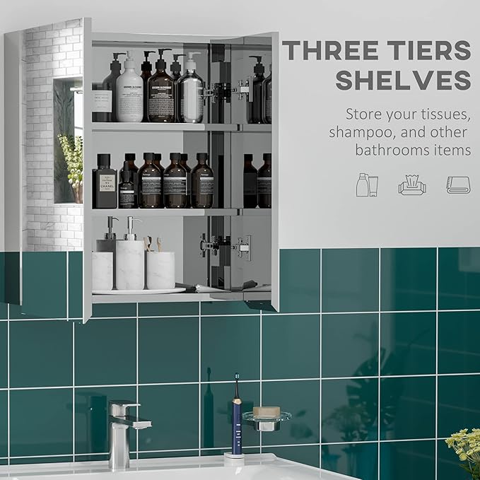 kleankin Wall-Mounted Medicine Cabinet with Mirror, Bathroom Mirror Cabinet Wall Mounted with Hinged Door, Storage Shelves for Living Room and Laundry Room, 21" x 24", Silver