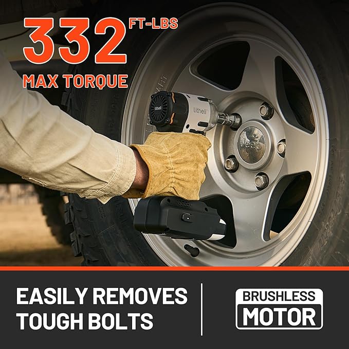 LiTHELi Cordless Impact Wrench, 1/2 Inch Hog Ring Brushless Impact Gun with 12,500 mAh Battery, Variable Speeds Impact Driver for Car Home, Charger not Included