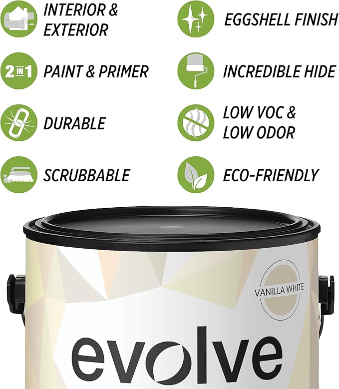 EVOLVE Paint & Primer: Environment-friendly, Low Sheen with One-coat Coverage for Interior & Exterior surfaces (Vanilla White, 1-Gallon)