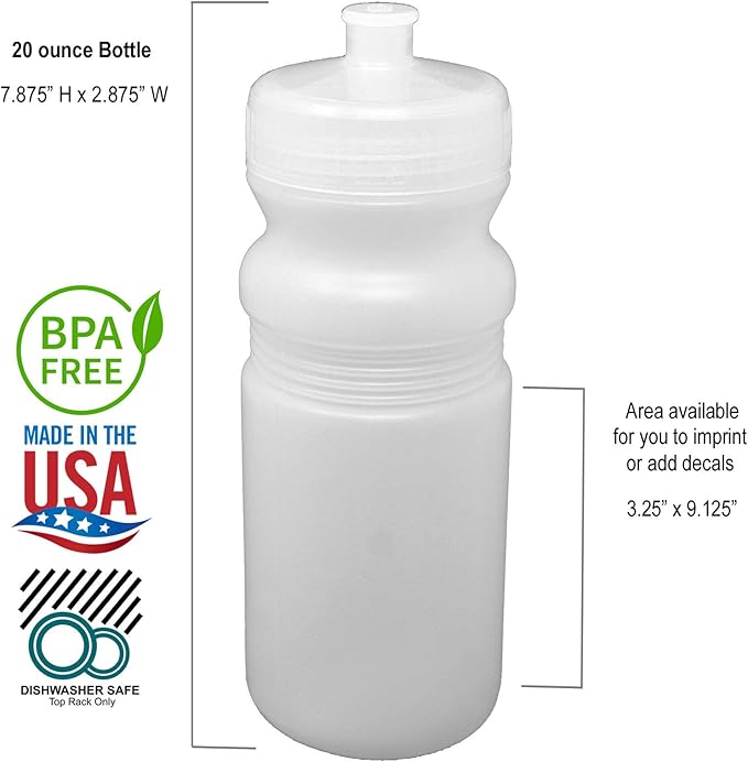 Rolling Sands 20 Ounce Sports Water Bottles 24 Pack, BPA-Free, Made in USA, Dishwasher Safe, Clear Frost Bottles/Clear Lids