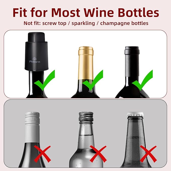 Philorn Wine Bottle Stoppers, 3 PACK Vacuum Wine Stoppers - Saver Toppers for Wine Bottles, Reusable Wine Cork Cover Keep Wine Fresh after Opening, Real Vacuum Pump Wine Keeper Cap Preserver - Gifts