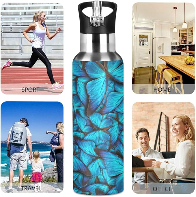 Blueangle Blue Butterfly Water Bottle with Straw Lid for Fitness Gym Camping Outdoor Sports, Wide Mouth Vacuum Insulated 18/8 Stainless Steel, 22 oz
