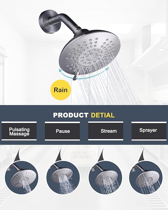 Shower Faucet Set Brushed Nickel: WOWOW Bathroom Shower System with 6-Inch Rain Shower Head, Single Handle Shower Trim Kit Combo Set High Pressure (Valve Include）