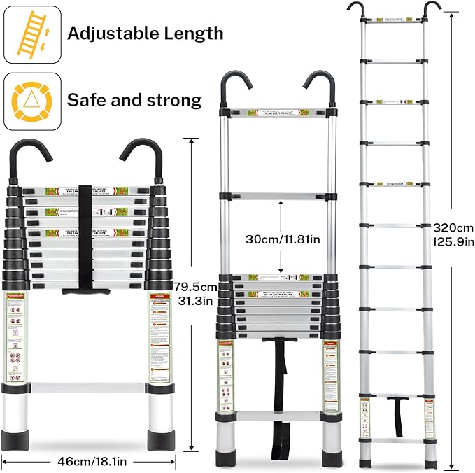 Telescopic Ladder, 10.5FT RIKADE Aluminum Telescoping Ladder with Non-Slip Feet and Stable Hook, Portable Extension Ladder for Household and Outdoor Working, 330lb Capacity