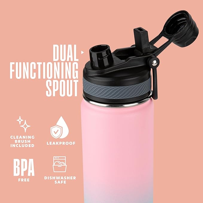 Insulated Water Bottle with Straw and Handle 22 oz-Stainless Steel Water Bottles with Straw, Dual Cap Function & Sleeve, Keeps Drinks Hot Up to 12 Hours & Cold Up to 24 Hours (Cotton Candy)
