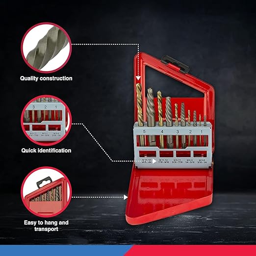 NEIKO 01925A Screw-Extractor And Left-Hand Drill-Bit Set, HSS M2 Steel Drill Bits, Alloy Spiral Flutes, Reverse Drill-Bit And Bolt Extractor, Easily Remove Stripped Screws And Broken Bolts, 10 Pieces