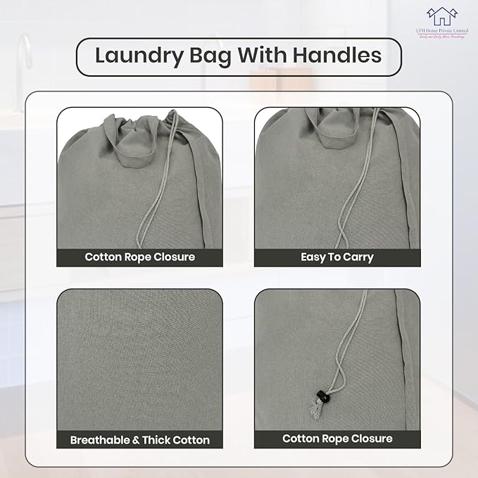 LFH Home Cotton Canvas Large Laundry Bag with Handle, Heavy Duty Drawstring Closure Washable Laundry Bags, School Travel, Home, Hotel, College Dorm, Organizer Sack, Toys Clothes 20x30 (Pack of 4)-Grey