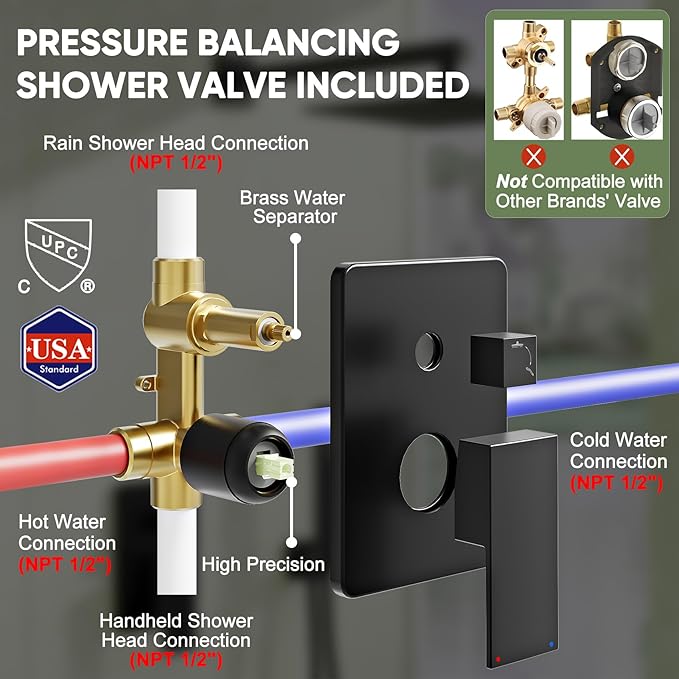 Black Shower System, Wall Mounted Shower Faucet Set with Valve, 10-Inch Rainfall Shower Head with Handheld Combo Spray, 59'' Long Shower Hose and Shower Trim Kit, Matte Black