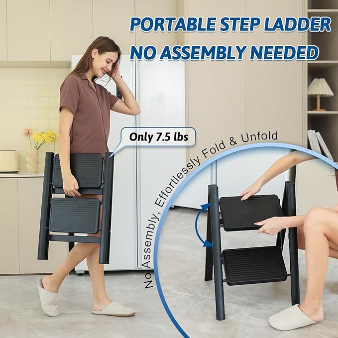 Double Elite Step Ladder 2 Step Folding, Sturdy 330 Lbs Load Folding Step Stool for Adults, Safer Full Steel Frame, Multi-use Closet/Home Kitchen Small Step Ladder with Wide Pedals, Black