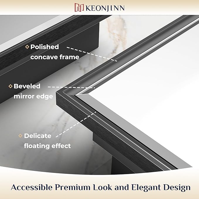 Keonjinn 40” x 30” Black Bathroom Medicine Cabinets with Mirror Recessed or Surface Wall-Mounted Aluminum Alloy Framed Beveled Mirror with Soft Close Hinge, 2 Doors Modern Bathroom Mirror with Storage