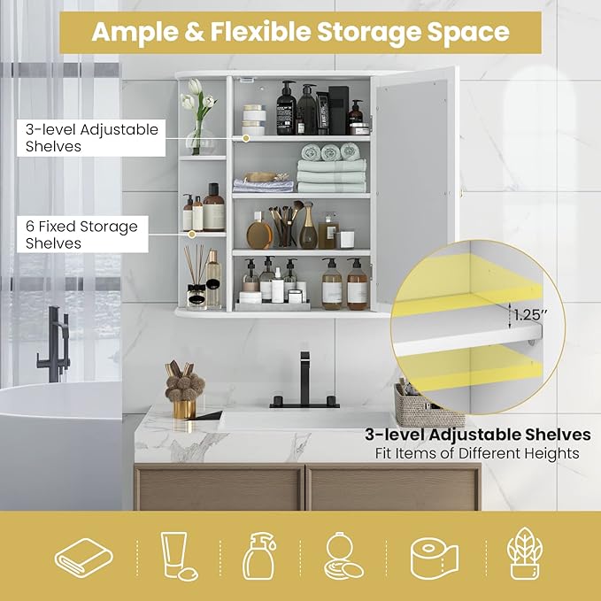 Tangkula Bathroom Medicine Cabinet with Mirror, Wall Mounted Home Storage with Door & 6 Open Shelves, Adjustable Shelves, Mirrored Bathroom Wall Cabinet (White)