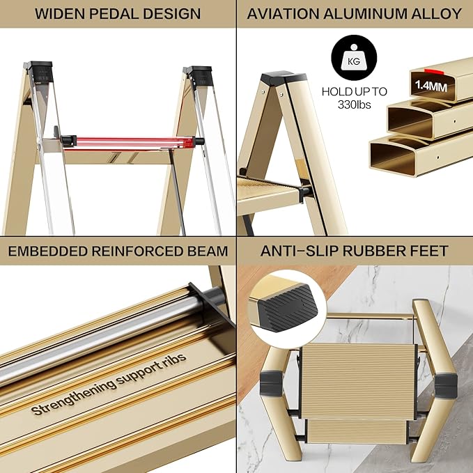 2 Step Ladder, Aluminum Lightweight Folding 2 Step Stool with Anti-Slip Wide Pedal,330lbs Capacity Steel Ladder for Household and Office(Gold)