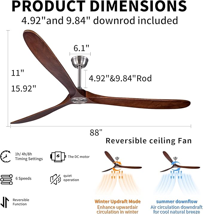 Bigzone 88" Indoor ceiling fan with Remote Control, DC Motor Quiet Energy Saving,3 Brown Balsa Wood Blades,Outdoor/Indoor Ceiling Fan, Metal Brushed Nickel