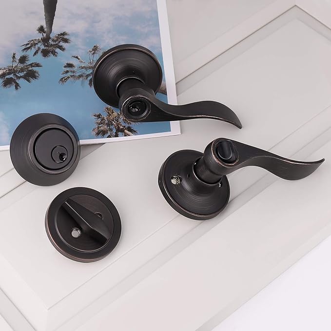 Wave Entry Door Levers and Single Cylinder Deadbolt Combination Locksets 8 Sets,Oil Rubbed Bronze Finished, Keyed Alike Entrance Door Locks,Universal for Right and Left Handed Doors