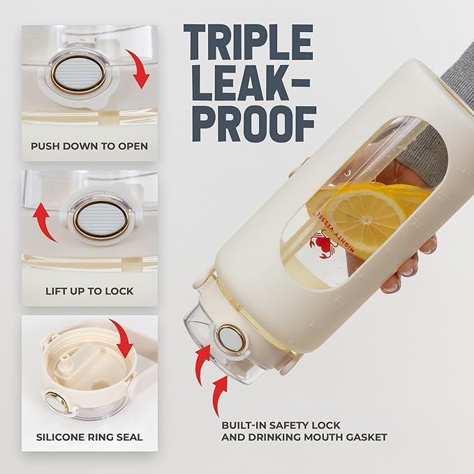 Leakproof 64oz glass water bottle with Time Markers - White Large Water Bottle with Measurements - Pregnancy Water Bottle Tracker - Half Gallon Water Bottle with Straw, 2 liter Water Bottle Glass