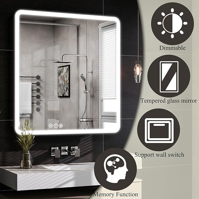 LED Bathroom Medicine Cabinet with Mirror, 30 Inch x 32 Inch Bathroom Mirror Cabinet with Door & Adjustable Shelves, Surface Mount or Recess Installation