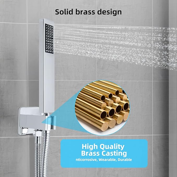 Bathroom Shower Faucet Set，10 Inch Rain Shower Head with Handheld Spray，Brass Shower Valve Trim Kit，Wall Mounted Square Rain Shower System (Chrome)