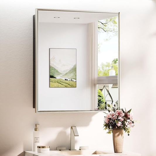 TokeShimi 26x30 Recessed or Surface Mounted Medicine Cabinet Mirror, Aluminum Framed Metal Mirror with Storage Adjustable, Brushed Nickel Bathroom Medicine Cabinet Mirrored Beveled Modern