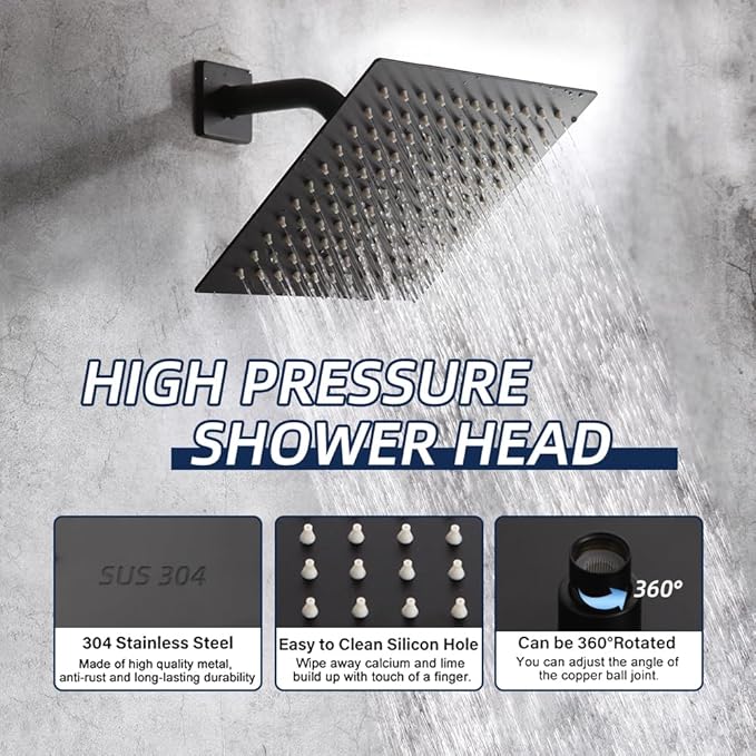 POP SANITARYWARE Black Shower System Bathroom Rainfall Shower Faucet Set Complete Wall Mounted 8 Inch Shower Head and Handle Set with Rough-in Valve Body and Trim Kit