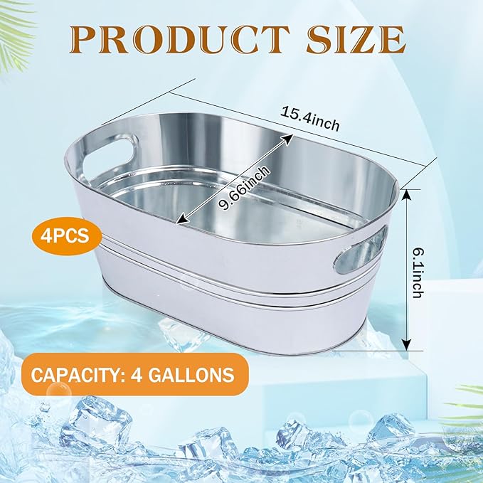 Galvanized Tub 4Pcs Ice Bucket 3 Gallon Beverage Tub Metal Beverage Buckets Ice Buckets for Parties Mimosa Bar Supplies for Beer Champagne Cocktails（Silvery）