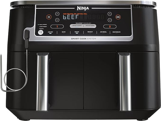 Ninja DZ550 Foodi 10 Quart 6-in-1 DualZone Smart XL Air Fryer with 2 Independent Baskets, Thermometer for Perfect Doneness, Match Cook & Smart Finish to Roast, Dehydrate & More, Grey