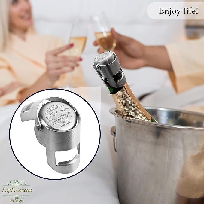 Champagne Stoppers for Sparkling Bottle Sealing - Saver Accessories Toppers for Wine Napa Moet Bottega - Dual-sided Stainless Steel Cover Bottles, Champagne corks for sparkling wine Silver Gray 6 pack