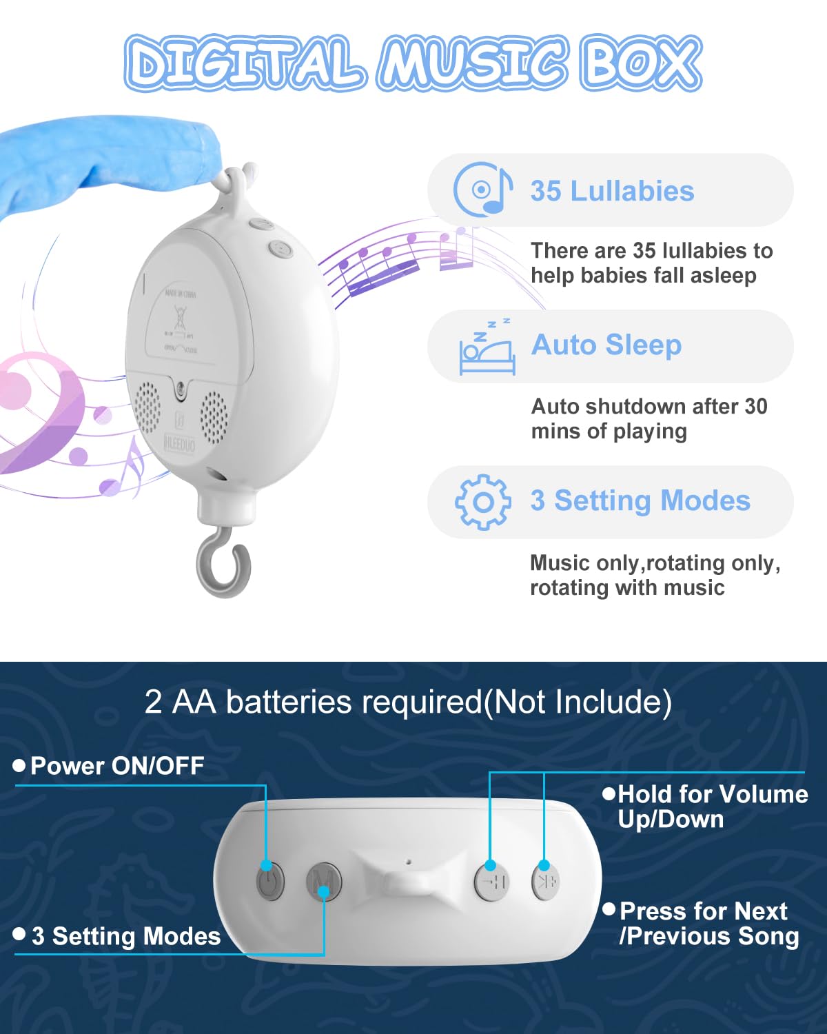 FEISIKE Baby Crib Mobile with 35 Lullabies, 3 Modes Rotation & Music, Adjustable Volume, Nursery Decor for Boys and Girls (Ocean Theme)