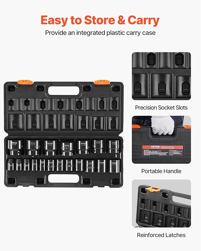 VEVOR Impact Socket Set 1/2 Inches 19 Piece Impact Sockets, 1/2 Inches Drive Socket Set Impact 6-point Hex Sockets Standard SAE (3/8 Inches to 1-1/2 Inches) Standard Socket Assortment