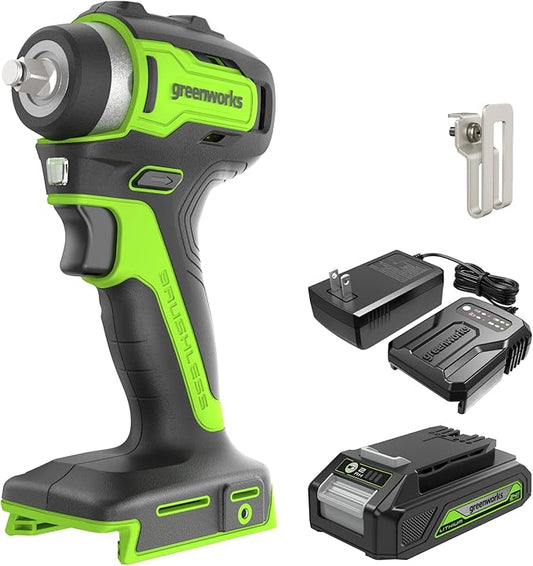 Greenworks 24V 3/8" Brushless Cordless Impact Wrench, 3/8 Inch, 150 ft.-lbs Torque, Lightweight and Compact, with 2.0Ah Battery and Charger, PA147K