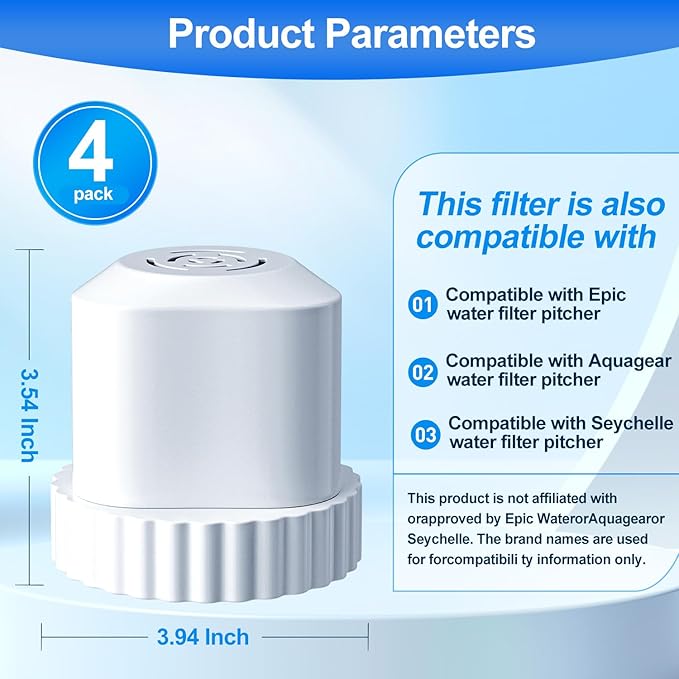 Filter Replacement Compatible with Epic Water Filter Pitcher Aquagear Seychelle, Water Pitcher for EPIC Pure Water Filter, BPA Free. Removes Fluoride, Chlorine, Lead, Odors, 4 Pack