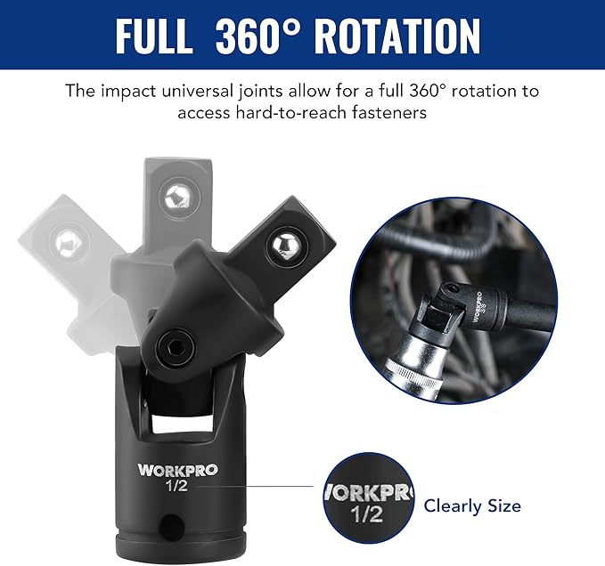 WORKPRO 18-Piece Impact Socket Extension Set, Includes Socket Adapters, Ratchet Extension Set, Socket Extension Bar, Swivel Universal Joints and Impact Coupler, 1/4", 3/8" & 1/2" Drive