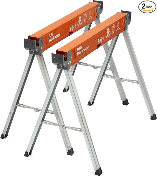 BORA Workhorse Saw horses 2 pack Folding Heavy Duty Legs, Metal Saw horse with 2x4 Bracket Built in Bottle Opener Professional Saw Horse for Woodworking Carpenters Contractors PM-3350T