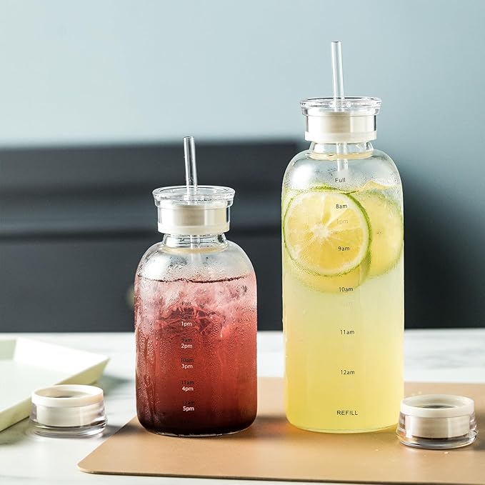 Glass water bottle With Time Marker -15oz with 2 caps and straw,Reusable Glass Drinking Bottles，Suitable For Drinks, Juices, Sodas, Coke, As Gifts Etc (15oz)