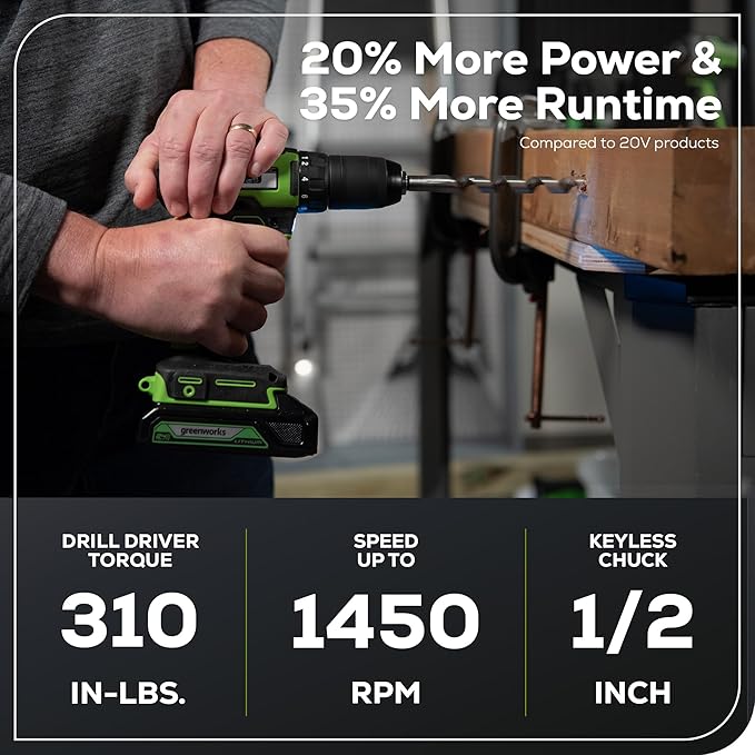 Greenworks 24V Brushless Cordless Drill Kit, 310 in./lbs, 18+1 Position Clutch, 1/2 '' Keyless Chuck, Variable Speed, Battery With 2A Charger, LED Light