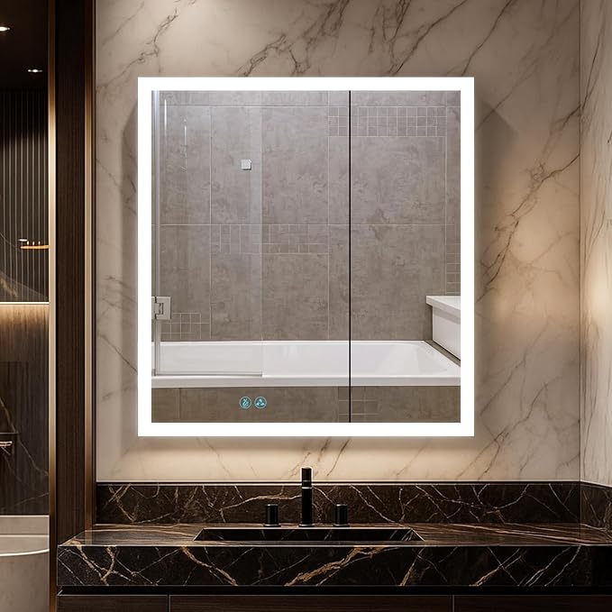 Blossom LED Lighted Mirror Medicine Cabinet, 30x32 Inch | Wall Mounted Recessed or Surface Bathroom LED Medicine Cabinet with Mirror, Makeup Mirror with Lights | Defogger, 3 Color Dimmer