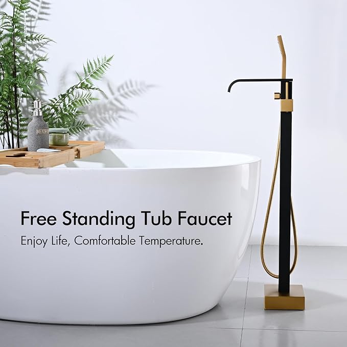 BAGNOLUX Solid Brass Floor Mount Bathtub Faucet Free Standing Tub Faucet Freestanding Tub Filler Black Gold High Flow Rate Swivel Spout with Hand Shower, ‎YGSLT-FANG-Black+Gold