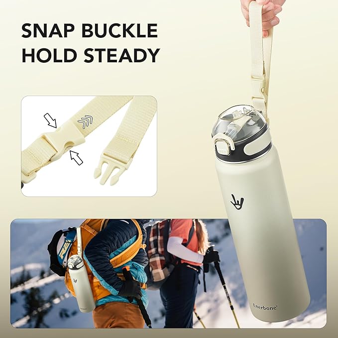 Enerbone Insulated Water Bottle, 32 oz Stainless Steel Water Bottles with Carrying Strap, Double-Wall Vacuum Insulation Thermos, Leakproof Sports Bottle with Straw, Keep Drinks Hot or Cold for Hours