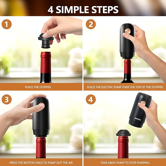 Electric Wine Saver Pump with 4 Reusable Vacuum Wine Stoppers, Rechargeable Automatic Wine Bottle Sealer for Keeps Wine Fresh, Gifts for the Elderly and Arthritis Sufferers