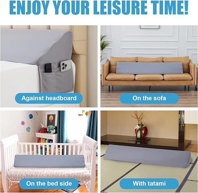 Queen Bed Wedge Pillow for Headboard, Foam Pillow Wedge for Headboard Gap, Mattress Bed Gap Filler Queen, Triangle Pillow Wedge, Anti-slip Bed Crack Pillow Space Filler Queen (60"×10"×6") Grey